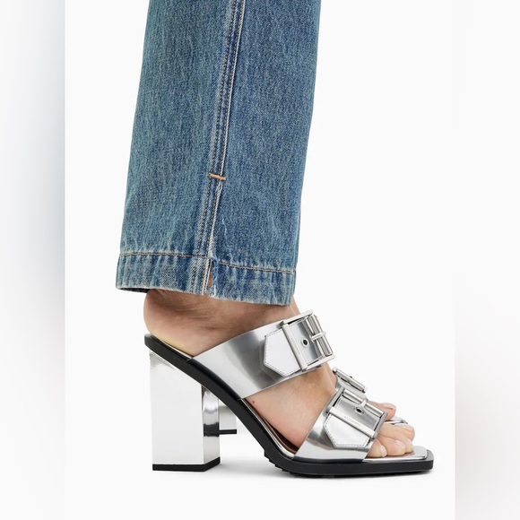 AllSaints Camille Silver Chrome Mirror Block Heel Sandals Sz 36 NIB - Picture 3 of 8